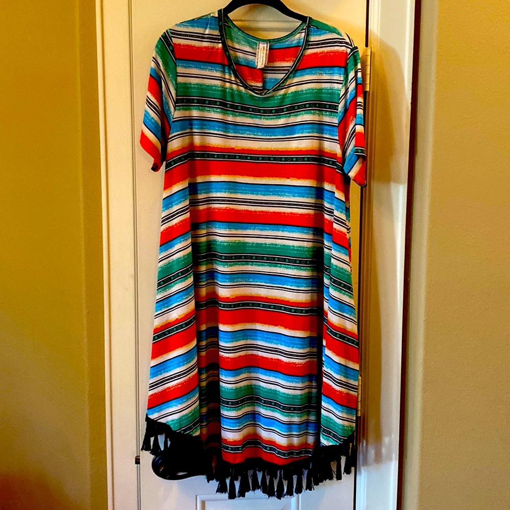Giddy Up Glamour Southwestern Serape Swing Fringe Dress L